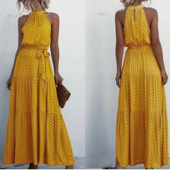 Boho Brown Polka Dot Halter Belted Maxi Dress - Picture 2 of 2